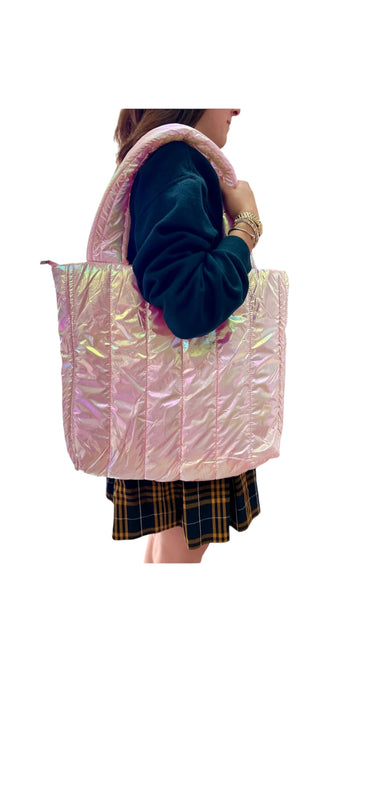 Iridescent Pink Puffer Tote Bag