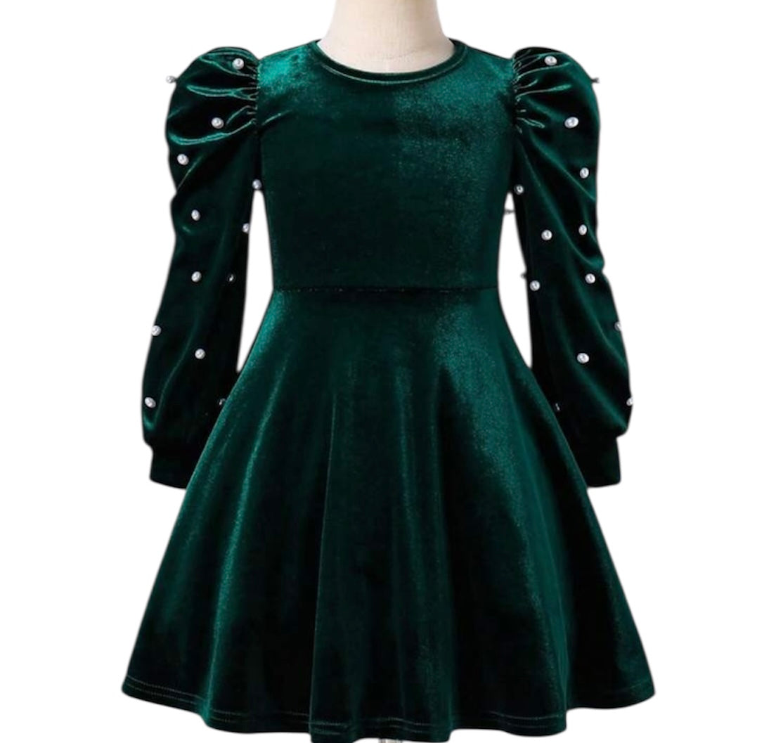 Hunter Green Velvet Pearl Dress
