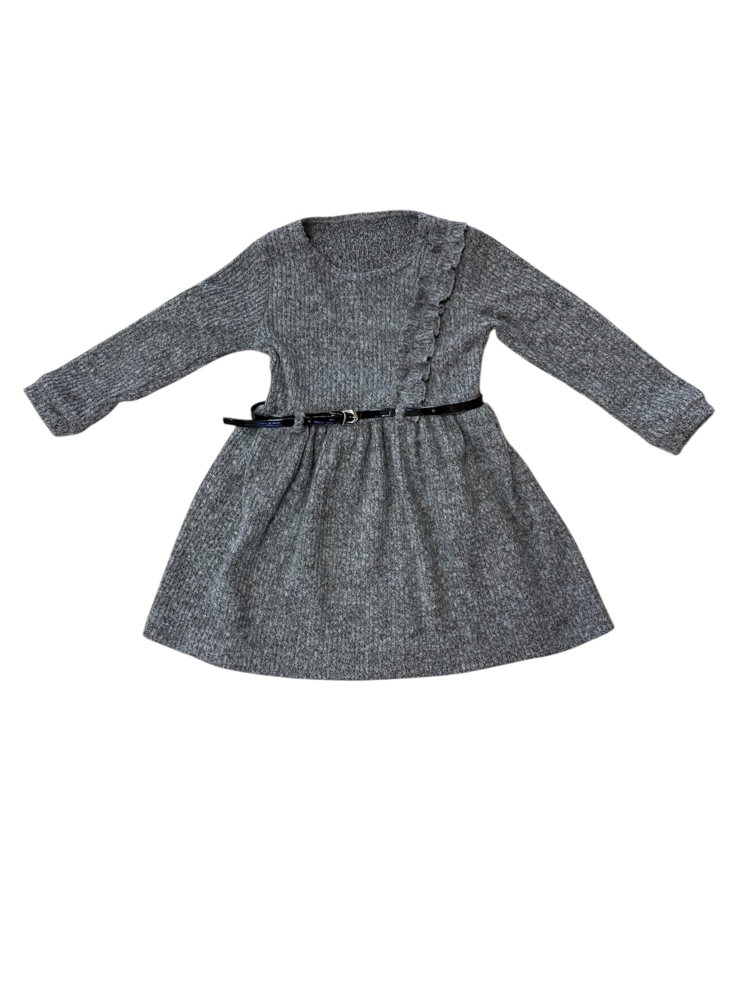 Gray Long Sleeve Belt Dress