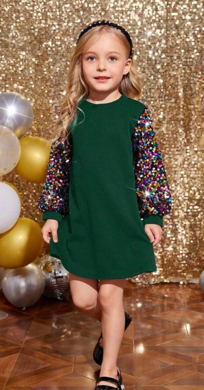Sequin Sleeve Hunter Green Dress